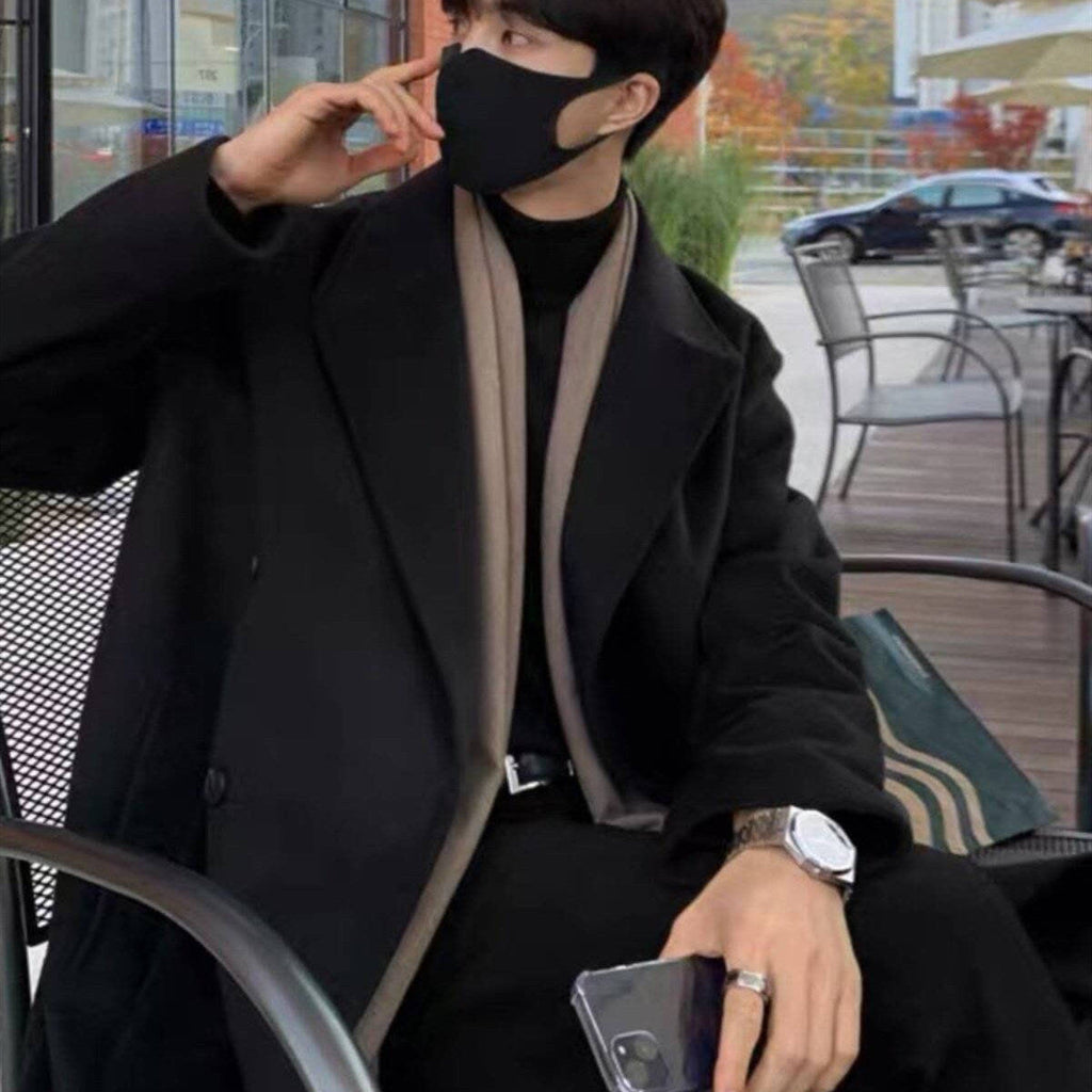 Winter Woolen Men's Mid-length Over-the-knee Suit Collar Double Breasted Woolen Trench Coat Thickened