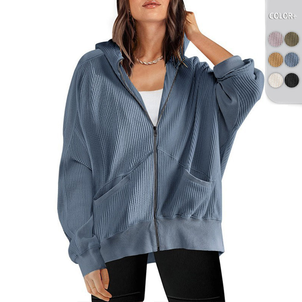 Waffle-knit Cardigan With Zipper Relaxed-fit Women's Hoodie