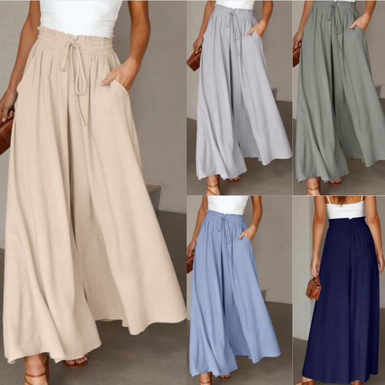 Women's Fashion Wide Leg Elastic Waistband Wide Leg High Waist Long Dress Pants