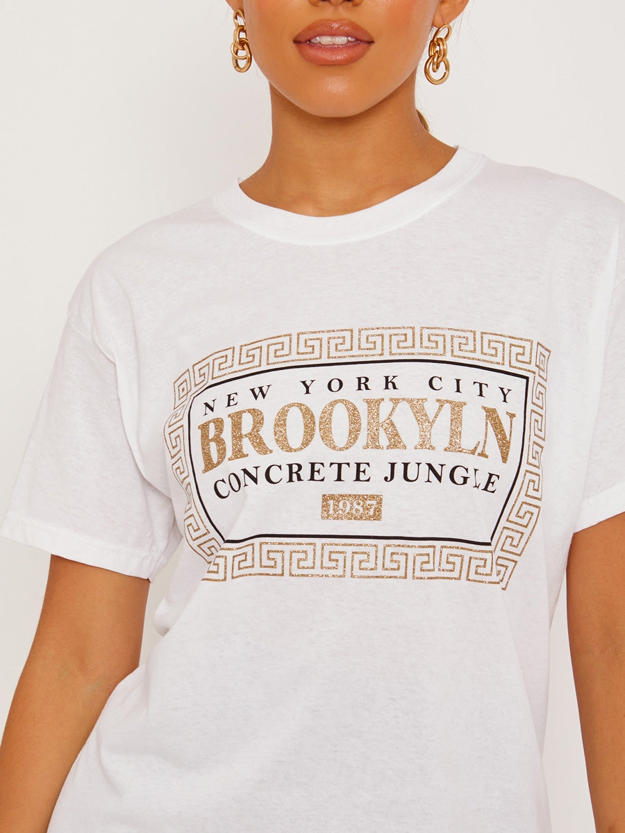 Glittered Brooklyn Graphic Printed T-Shirt