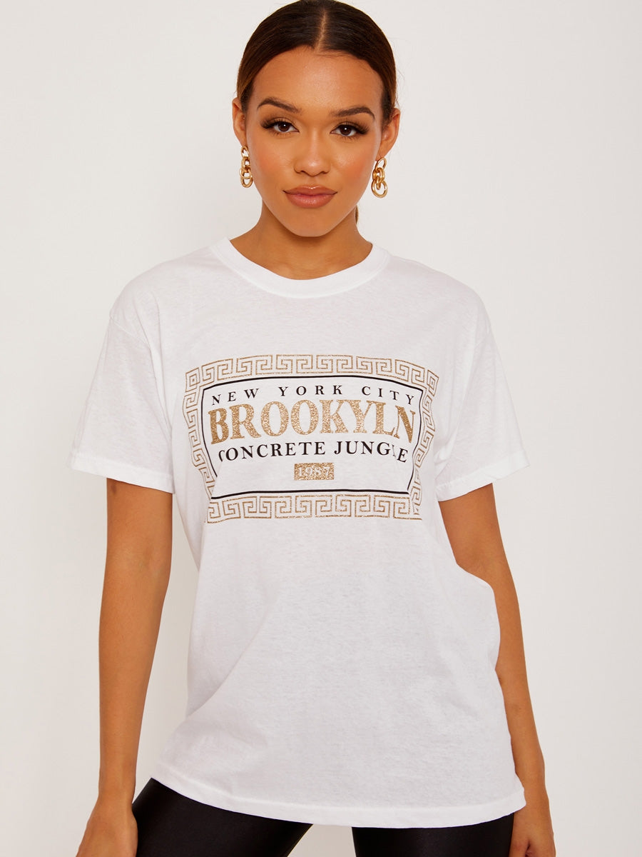 Glittered Brooklyn Graphic Printed T-Shirt