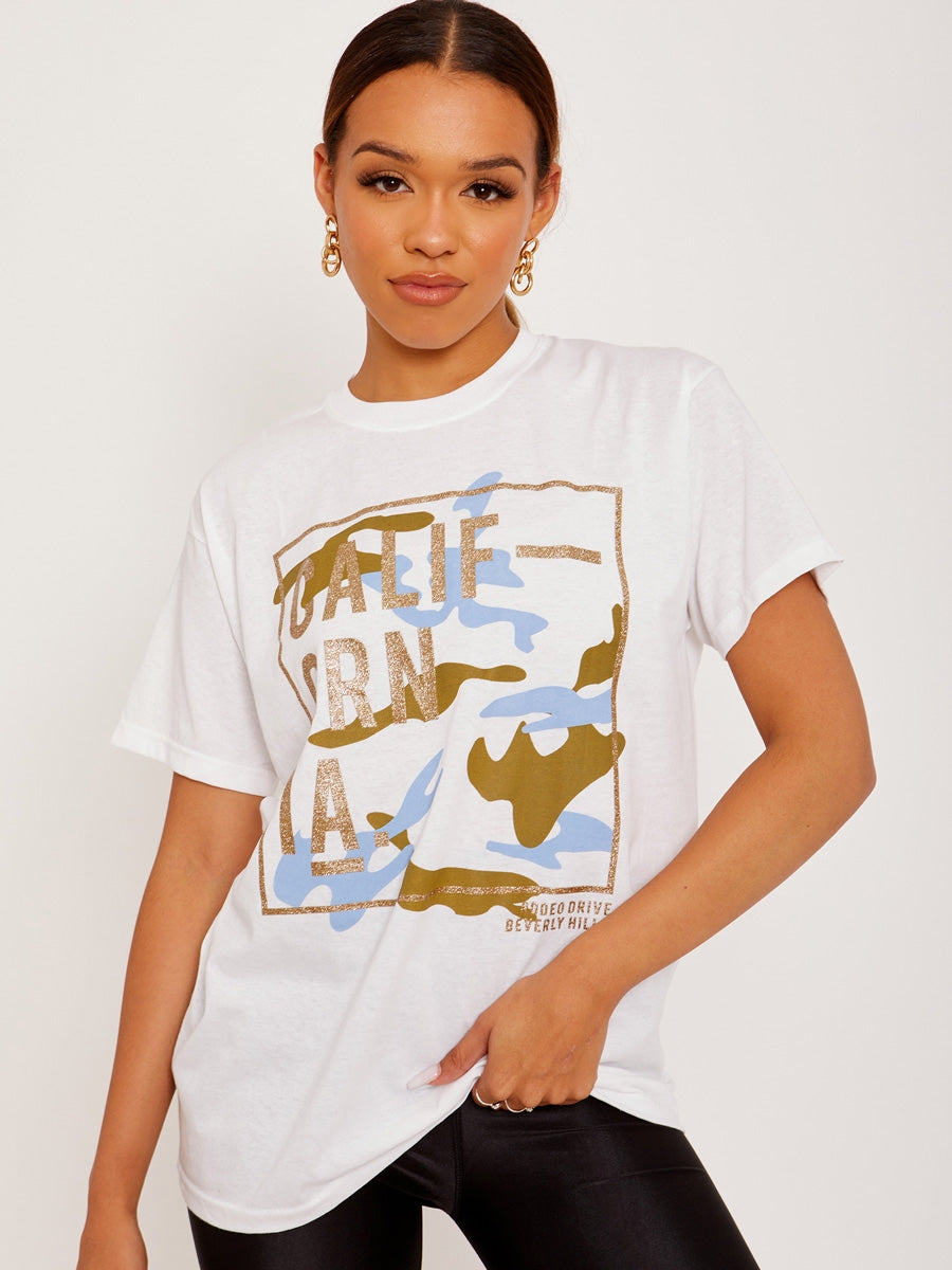 Glittered California Graphic Printed T-Shirt