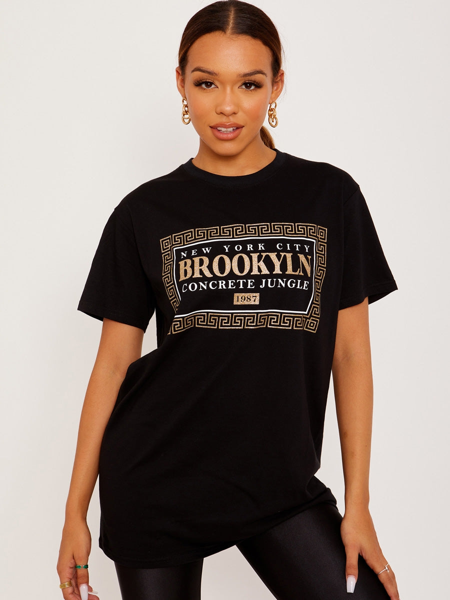 Glittered Brooklyn Graphic Printed T-Shirt
