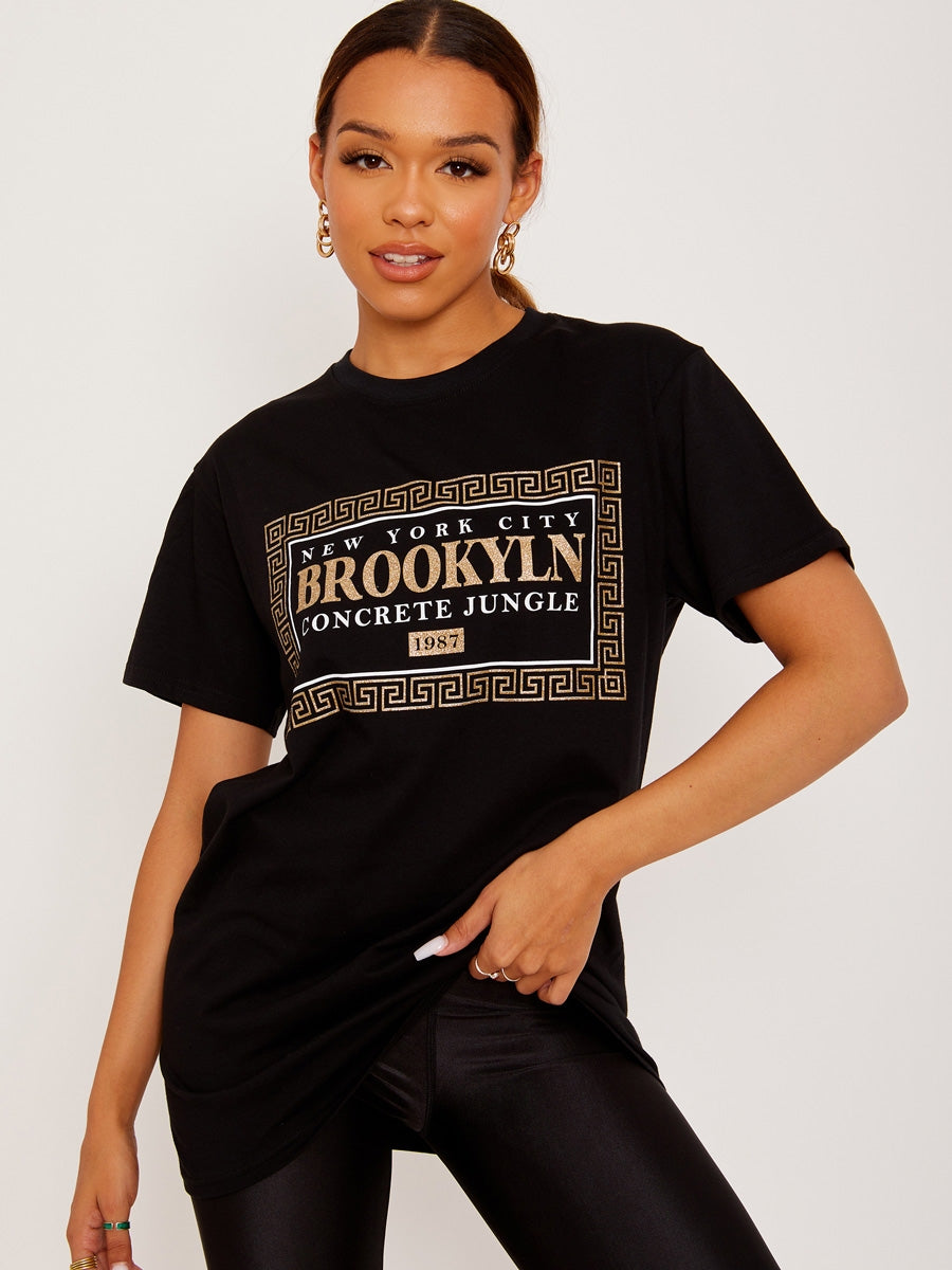 Glittered Brooklyn Graphic Printed T-Shirt