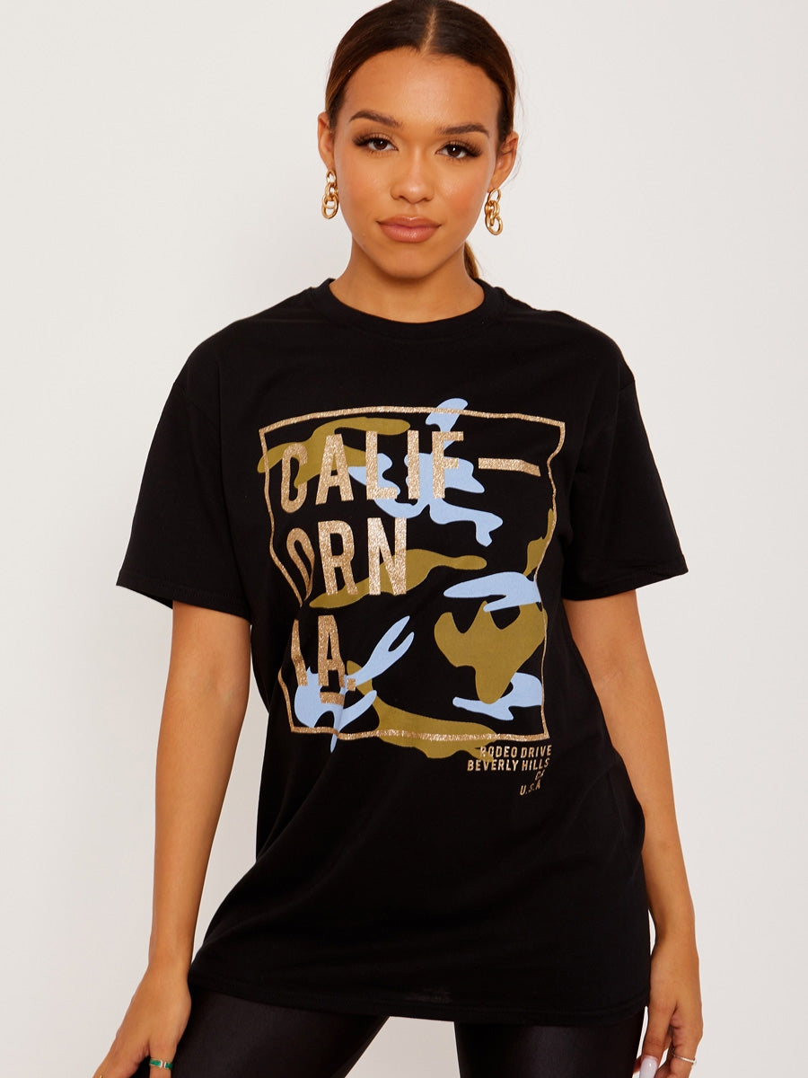 Glittered California Graphic Printed T-Shirt