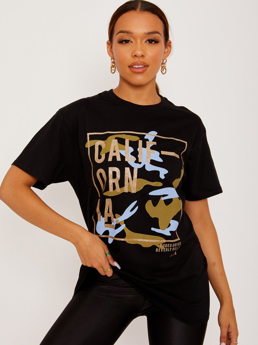 Glittered California Graphic Printed T-Shirt