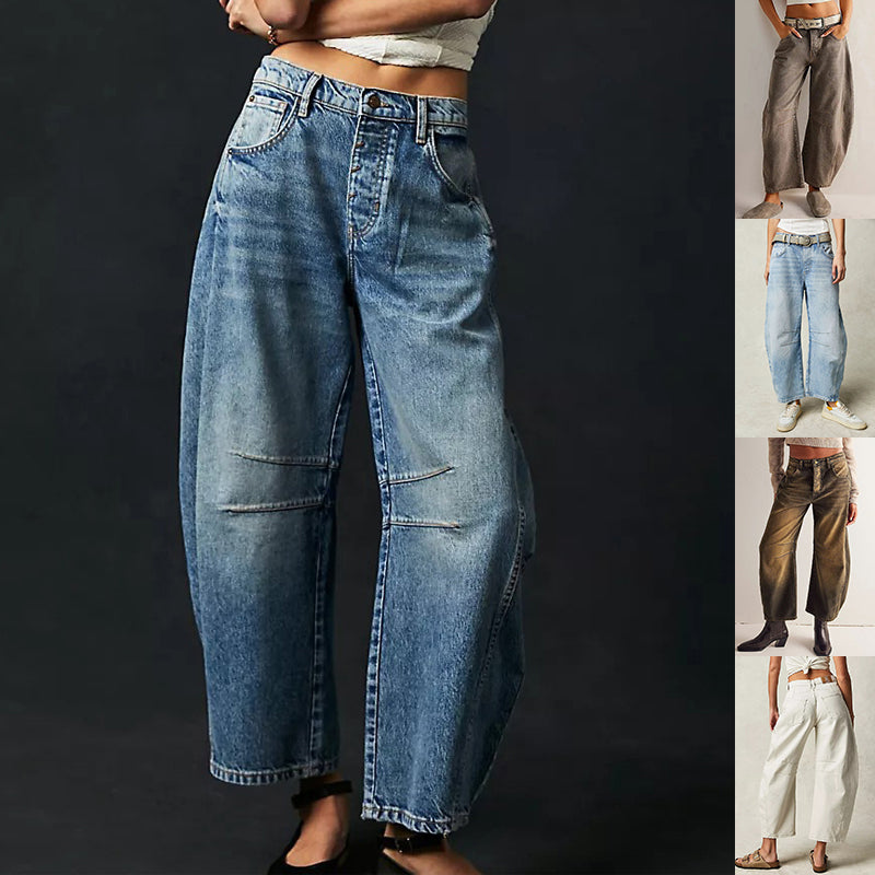 High Stretch Mid-Rise Barrel Jeans Fashion Wide Leg Shape Women Casual Baggy Mid Waist Denim Jeans