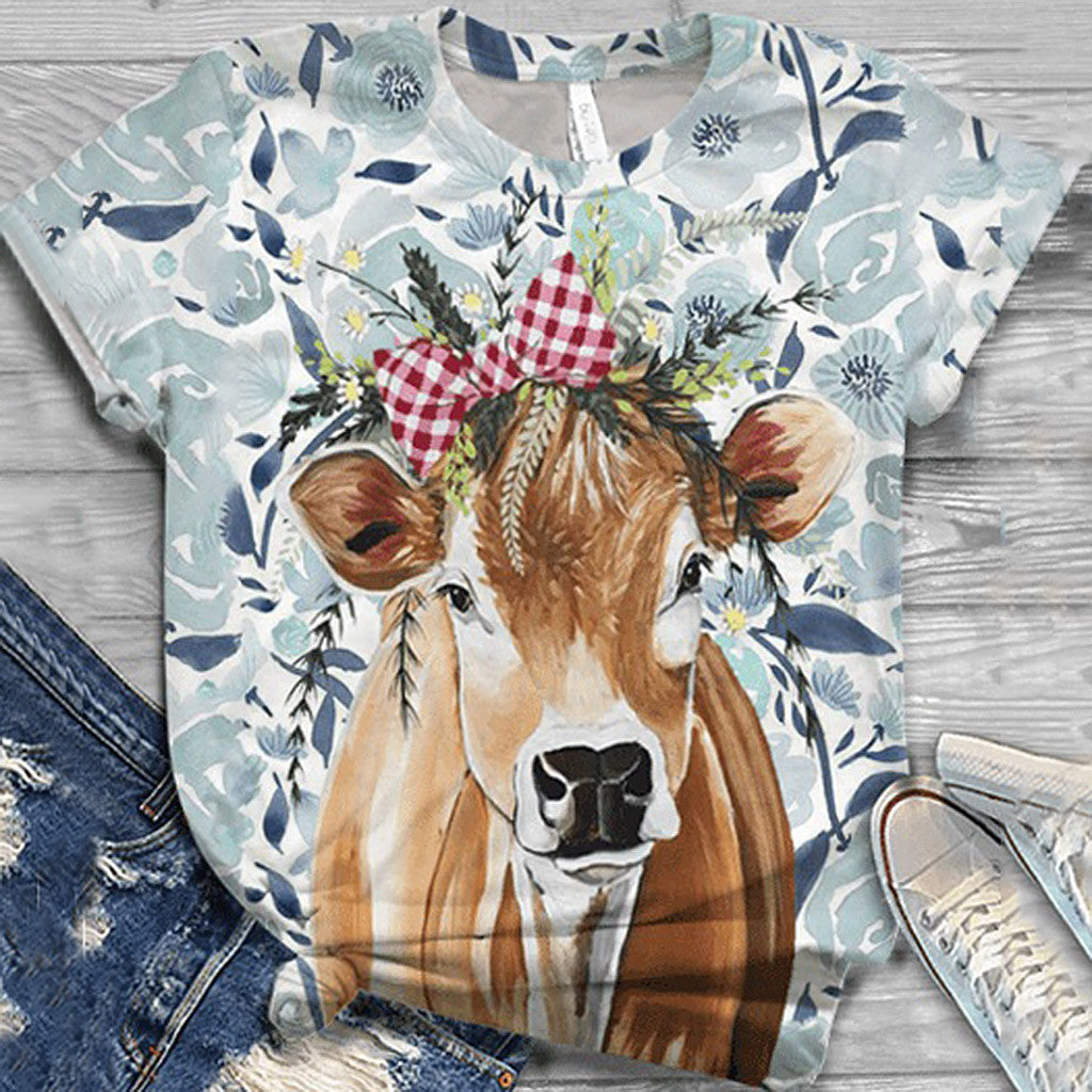 Fashionable Women's T-Shirt With Bull-Head Print Crew Neck And Short Sleeves
