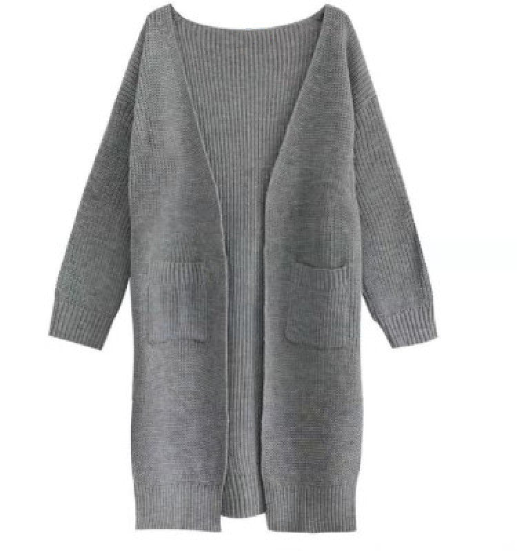 Women's Mid-length Crimped Solid Color Lazy Loose Knit Long-sleeved Sweater Coat