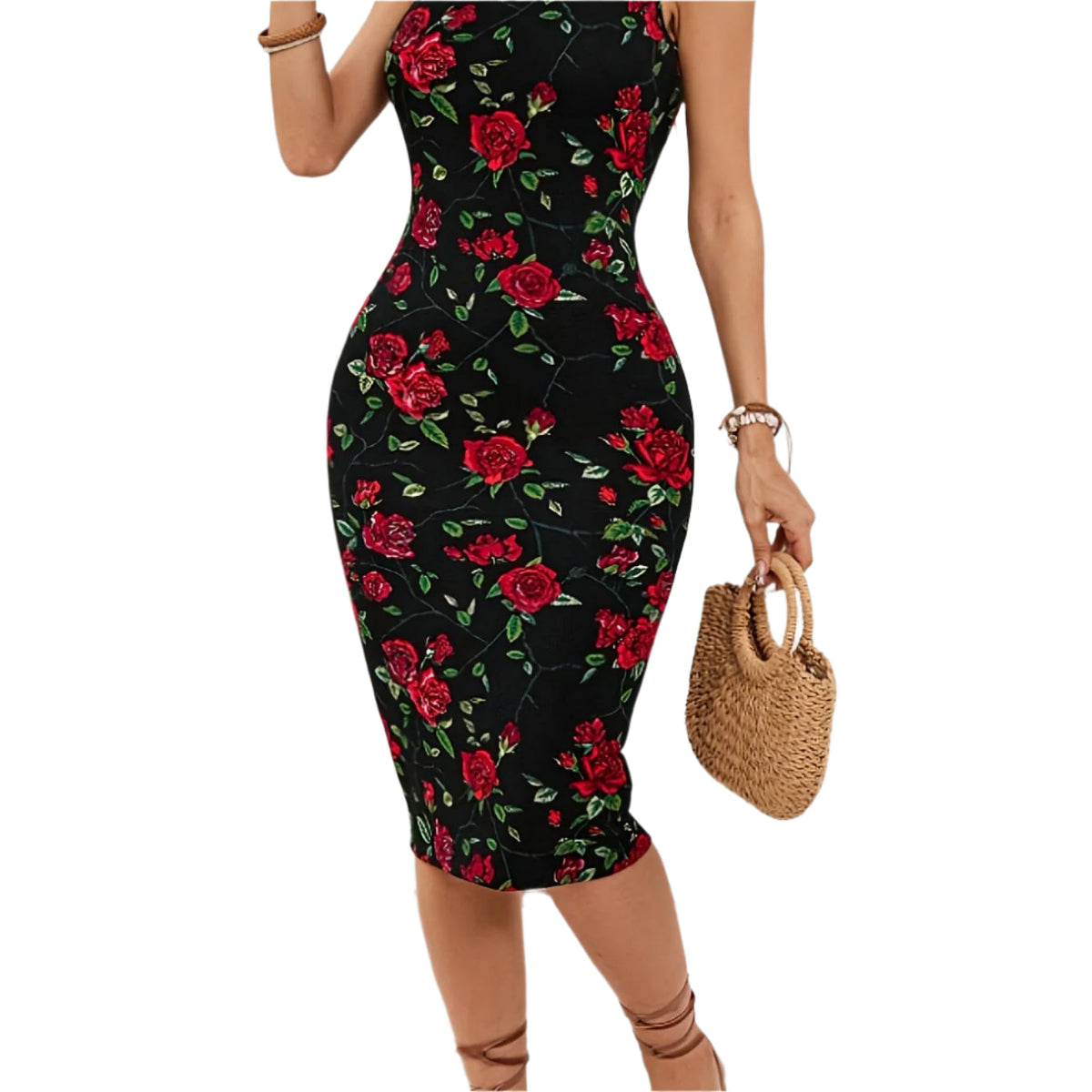 Print Women's Sleeveless Floral Knit Midi Dress