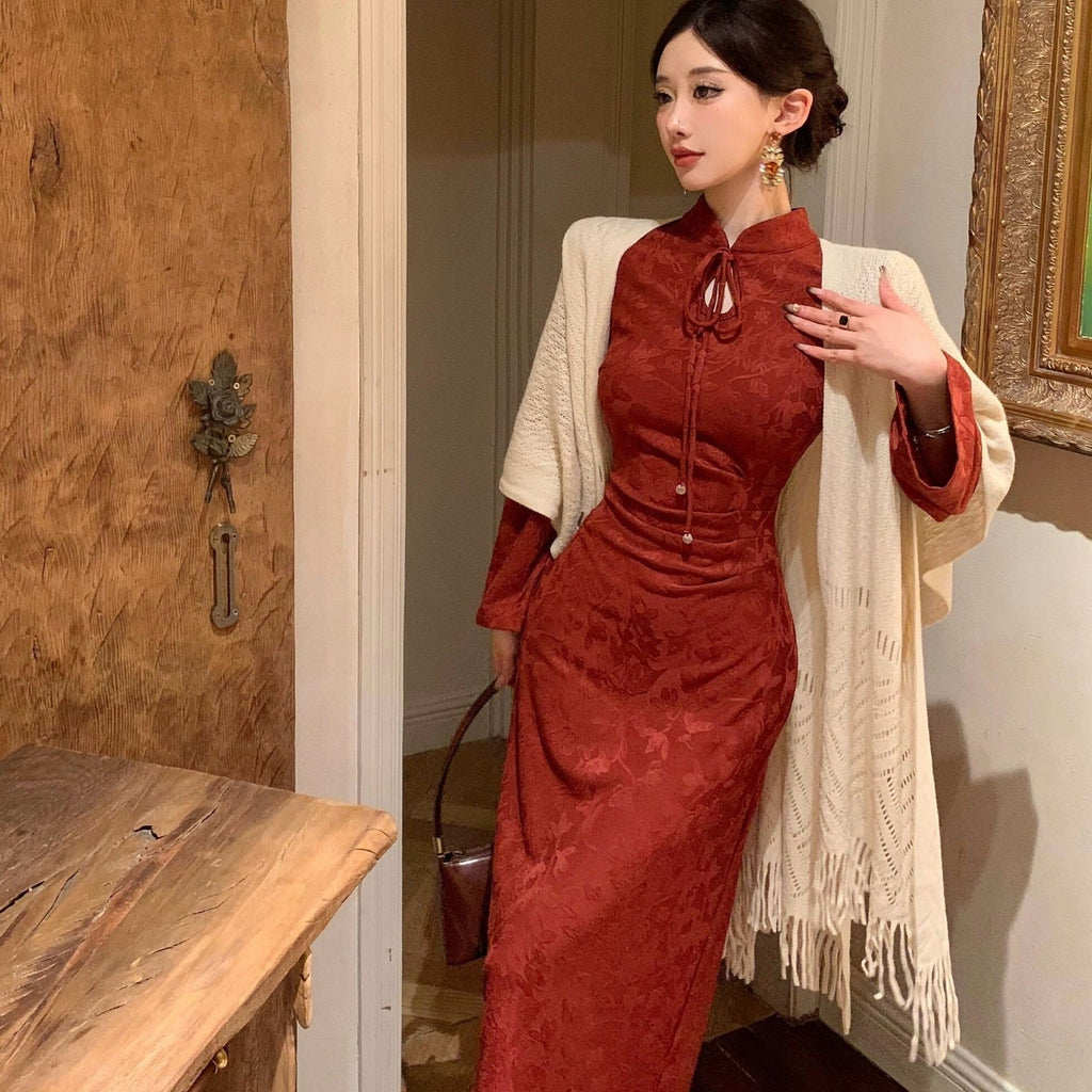 Women's New Chinese-style Jacquard Red Modified Cheongsam Dress
