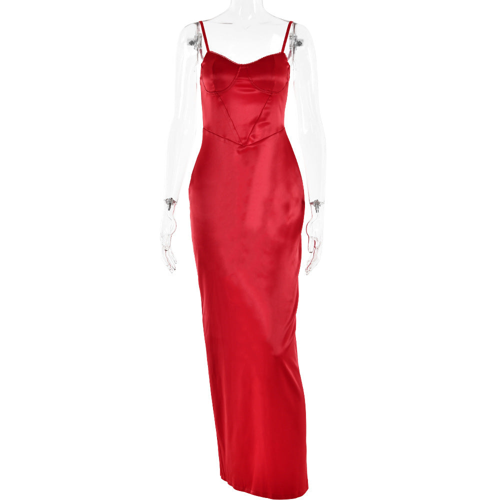 V-neck Strap Backless Stitching Split Dress