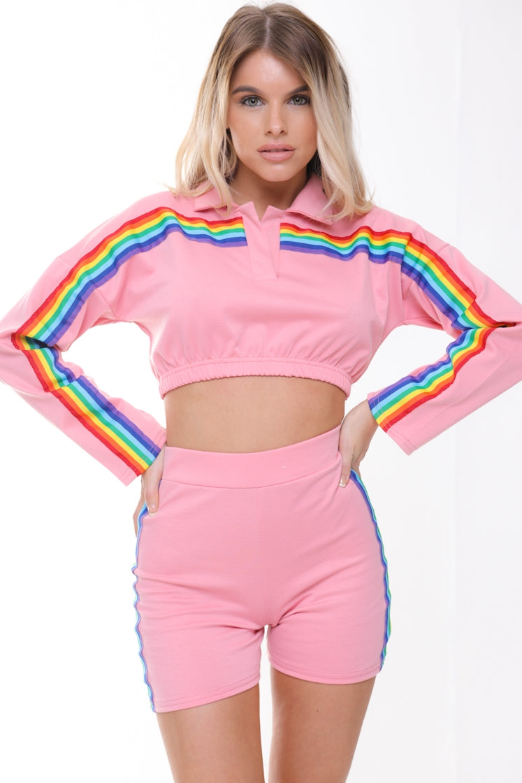 Rainbow Stripe Crop Top And Shorts Co-ord