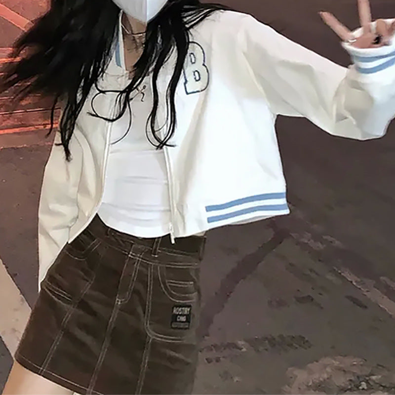 Collegiate-style Loose-fitting Cropped Baseball Jacket With Embroidery