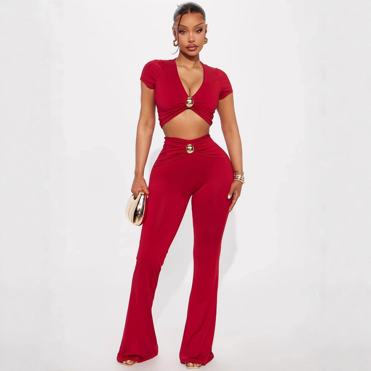 Low-cut V-neck Short-sleeved T-shirt Top With Hardware Waist-length Bodycon Trousers Set
