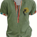Men's Stylish Green Henley Shirt with Vibrant Tribal Pattern - Casual Short Sleeve V-Neck Tee for Summer, Polyester Knit Fabric, Casual V-neck Shirt