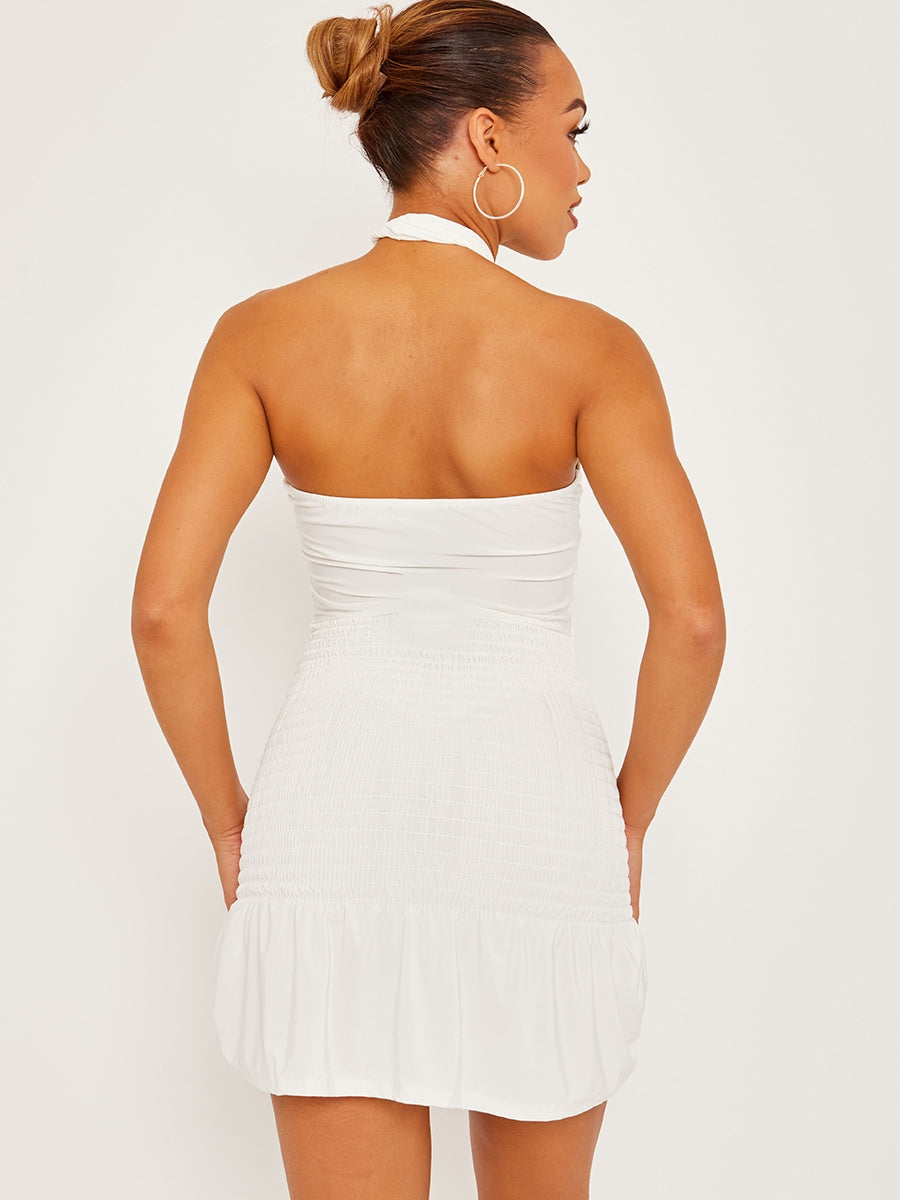 Shirred Detail Cross Front Slinky Halter Dress