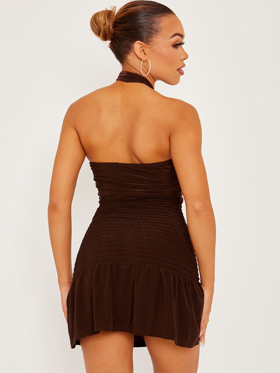 Shirred Detail Cross Front Slinky Halter Dress