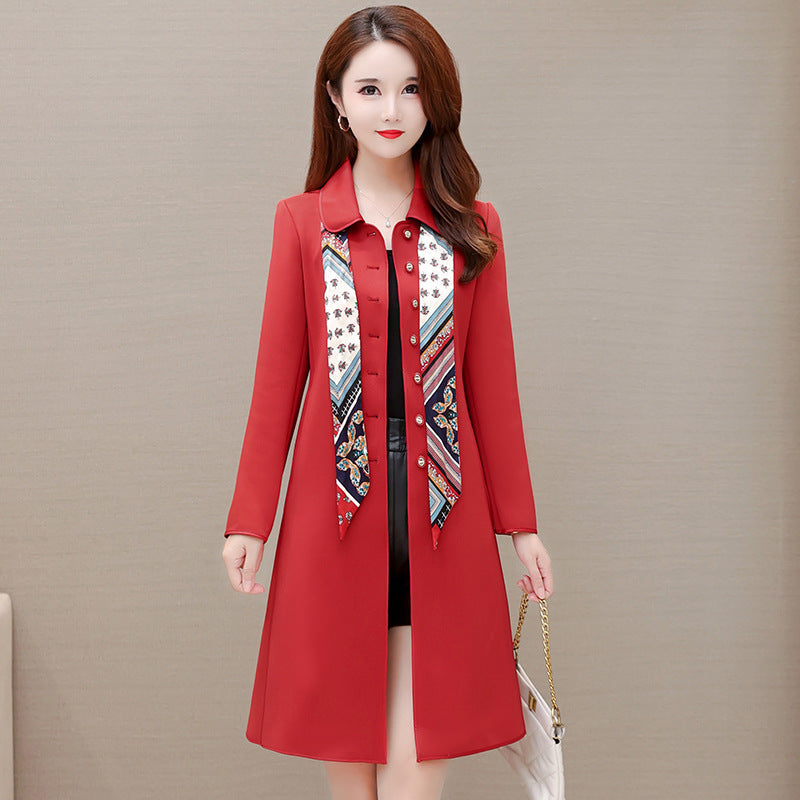 Women's Mid Length Scarf Collar Trench Coat
