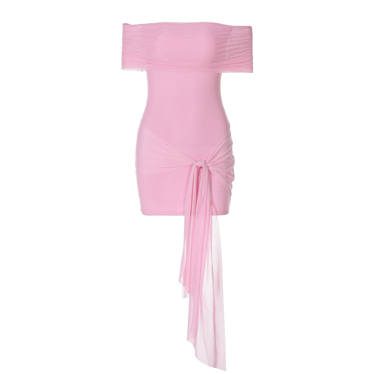 Mesh Patch Collar Solid Color Slim Fit Hip-wrapped Short Ribbon Dress