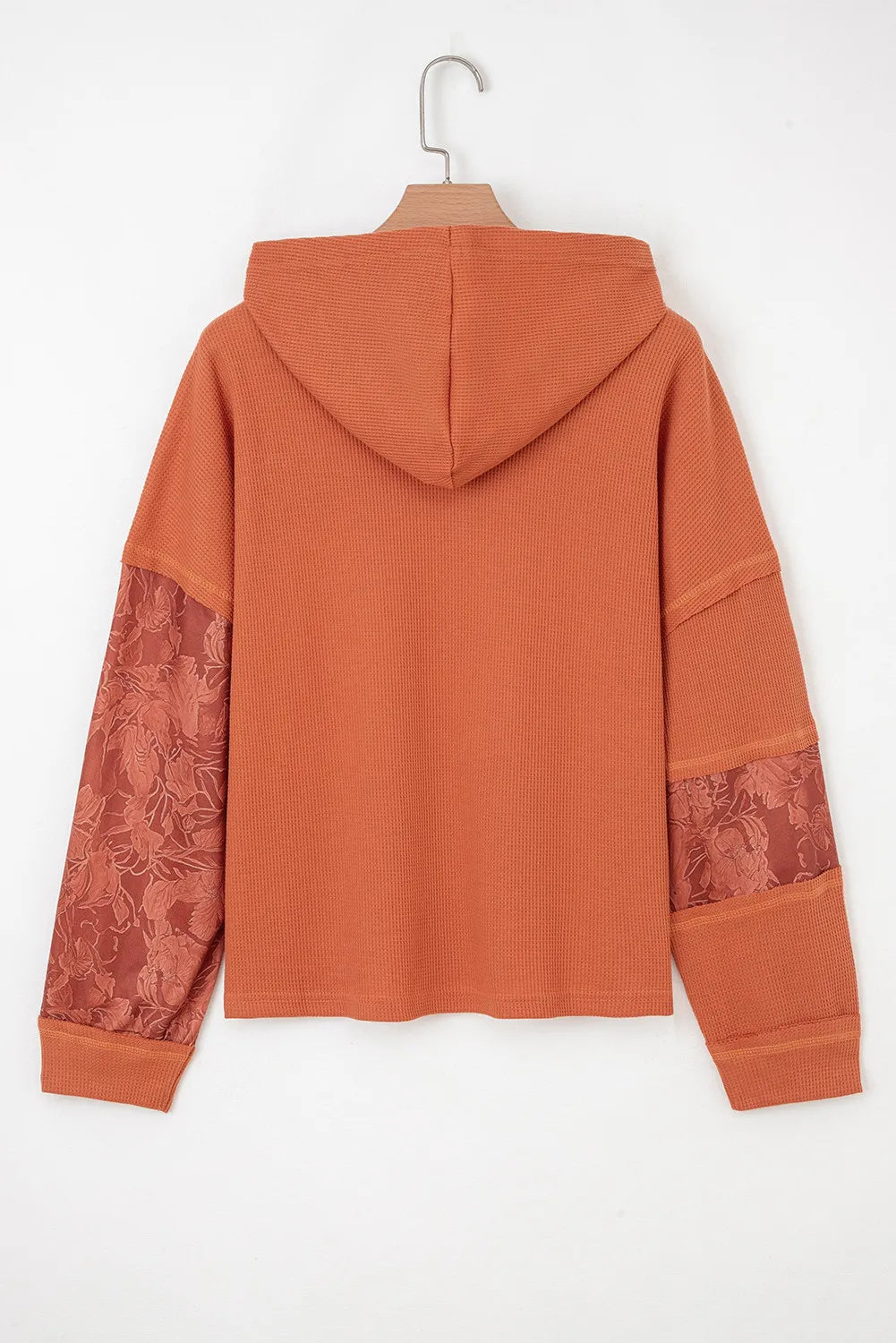 Cinnamon Waffle Printed Patchwork Drawstring Hooded Long Sleeve Top