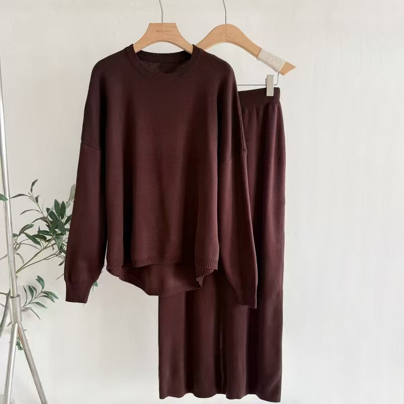 Women's Wear AutumnWinter Solid Color Simple Long-Sleeve Fashionable Casual Knitted Set