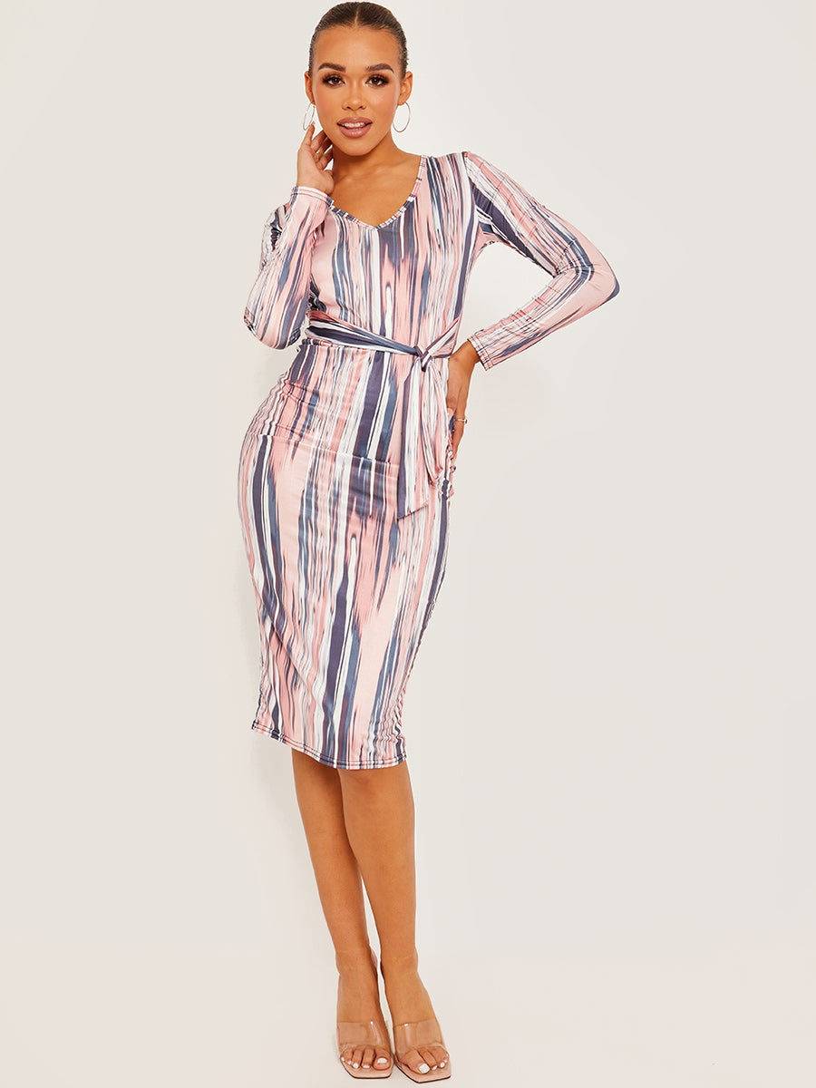 Abstract Print Slinky Self Tie Knot Midi Dress