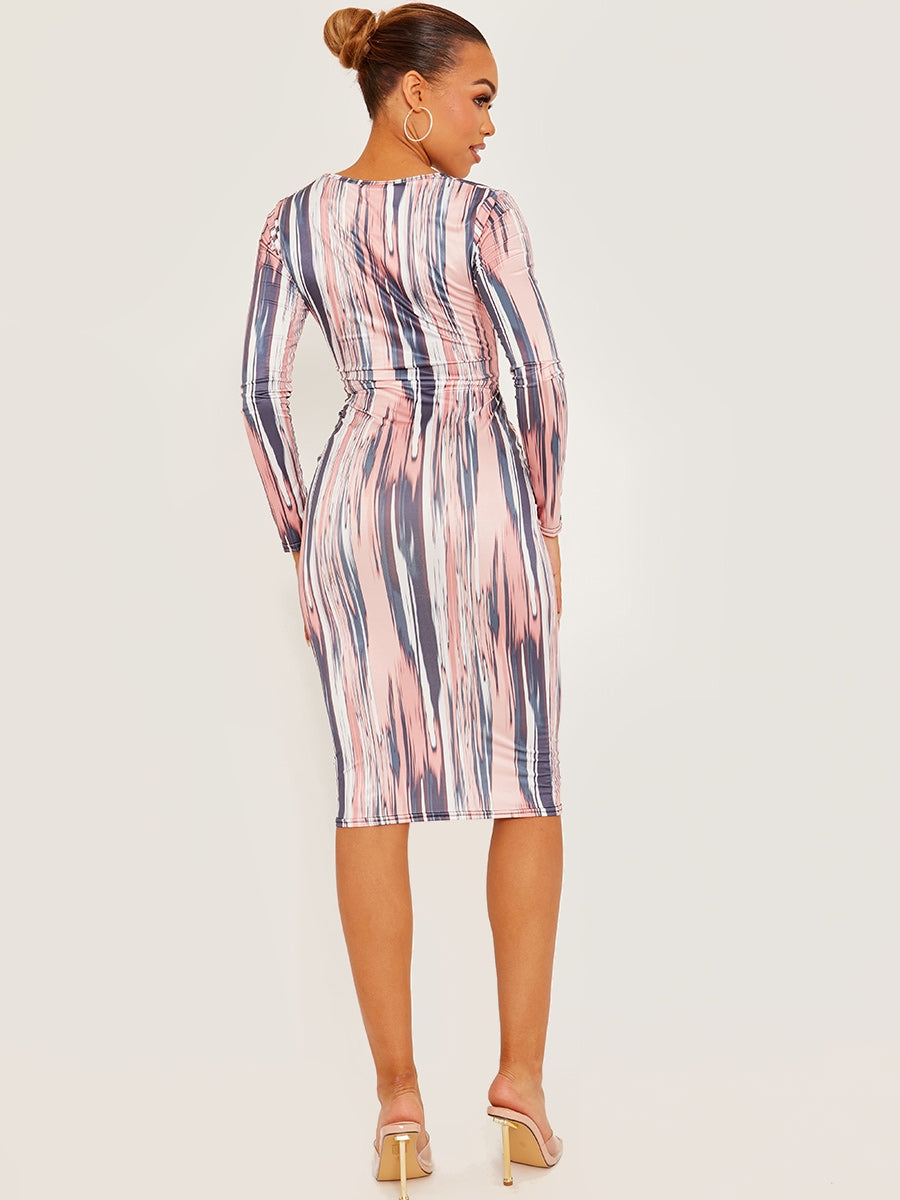 Abstract Print Slinky Self Tie Knot Midi Dress