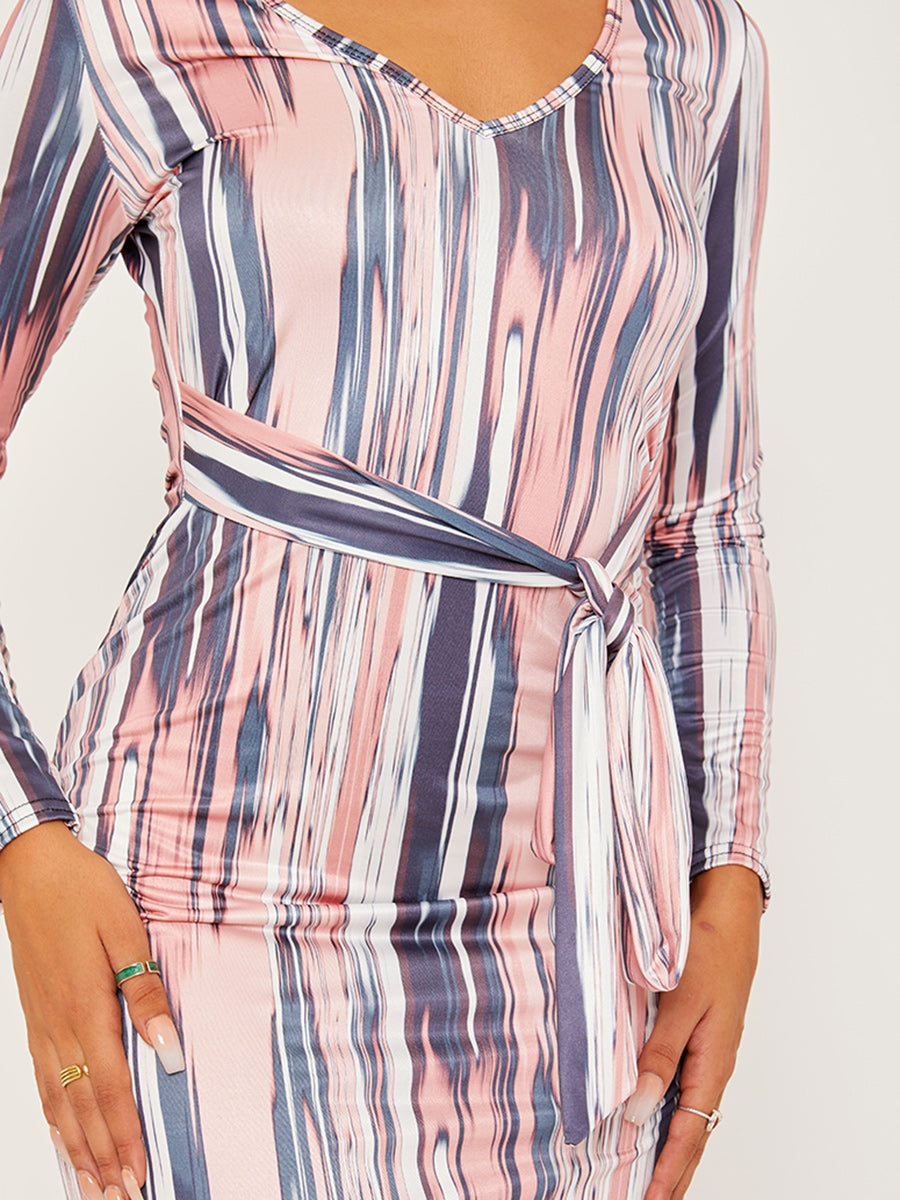 Abstract Print Slinky Self Tie Knot Midi Dress