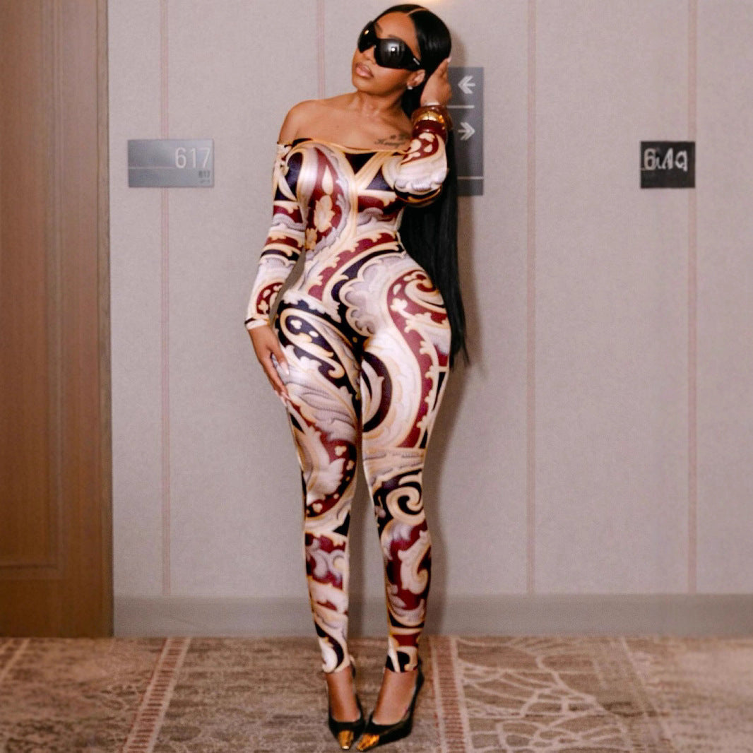 Sexy Print Off-shoulder Cinched Bodycon One-piece Trousers