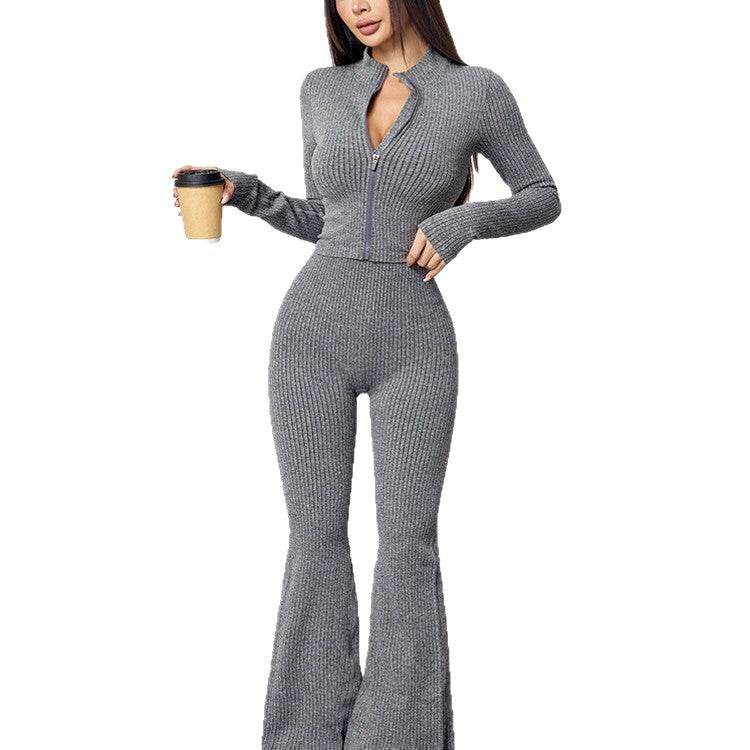 Zippered Ribbed Long-sleeve Flared Pants Yoga Set