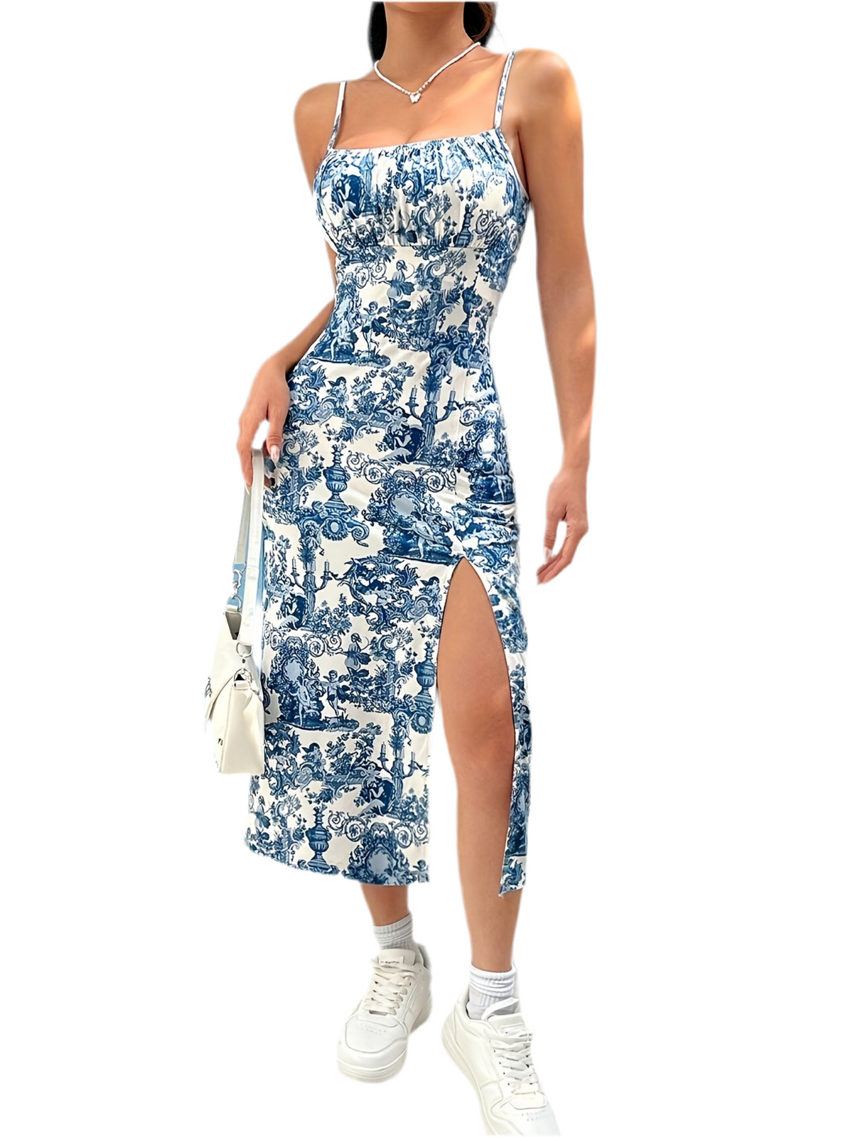 Elegant Floral Print Strap Back Split Dress | Lightweight Polyester & Knit Fabric | 200g/m² | Adult Summer Dress
