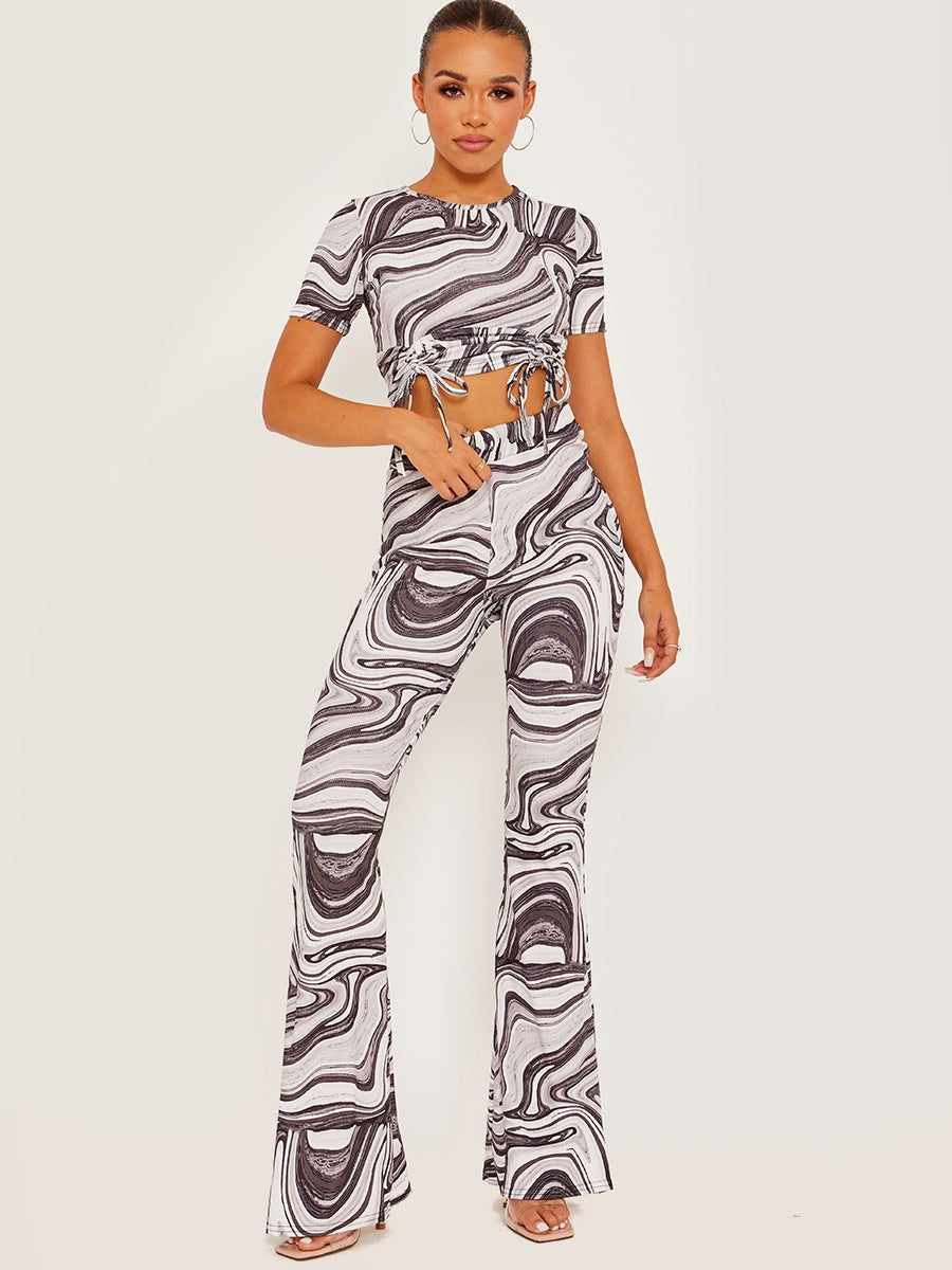 Marble Print Ribbed Flared Trousers