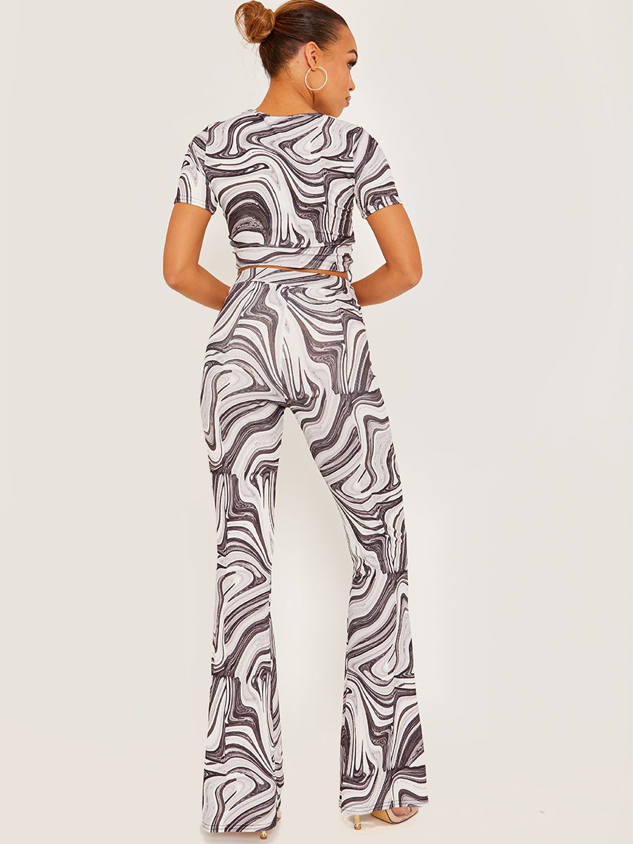 Marble Print Ribbed Flared Trousers