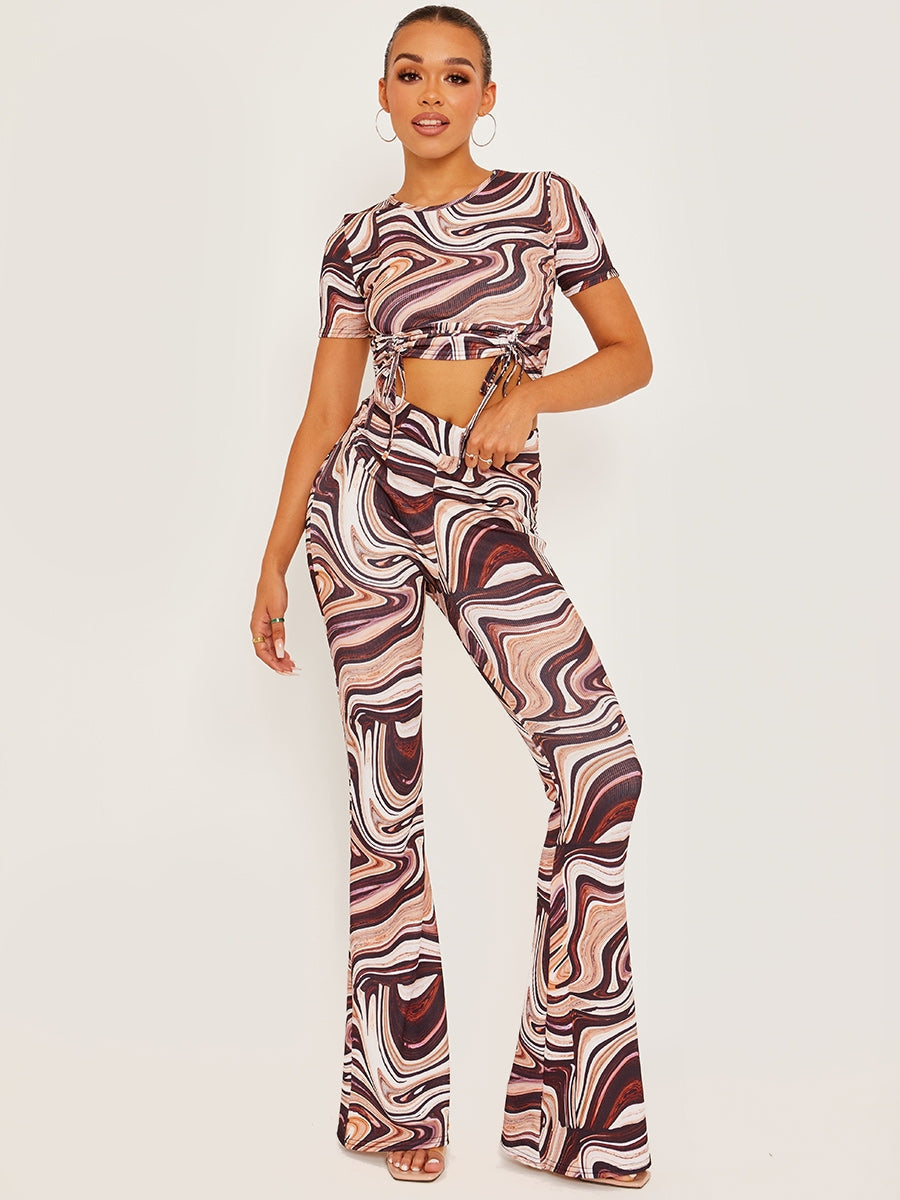 Marble Print Ribbed Flared Trousers
