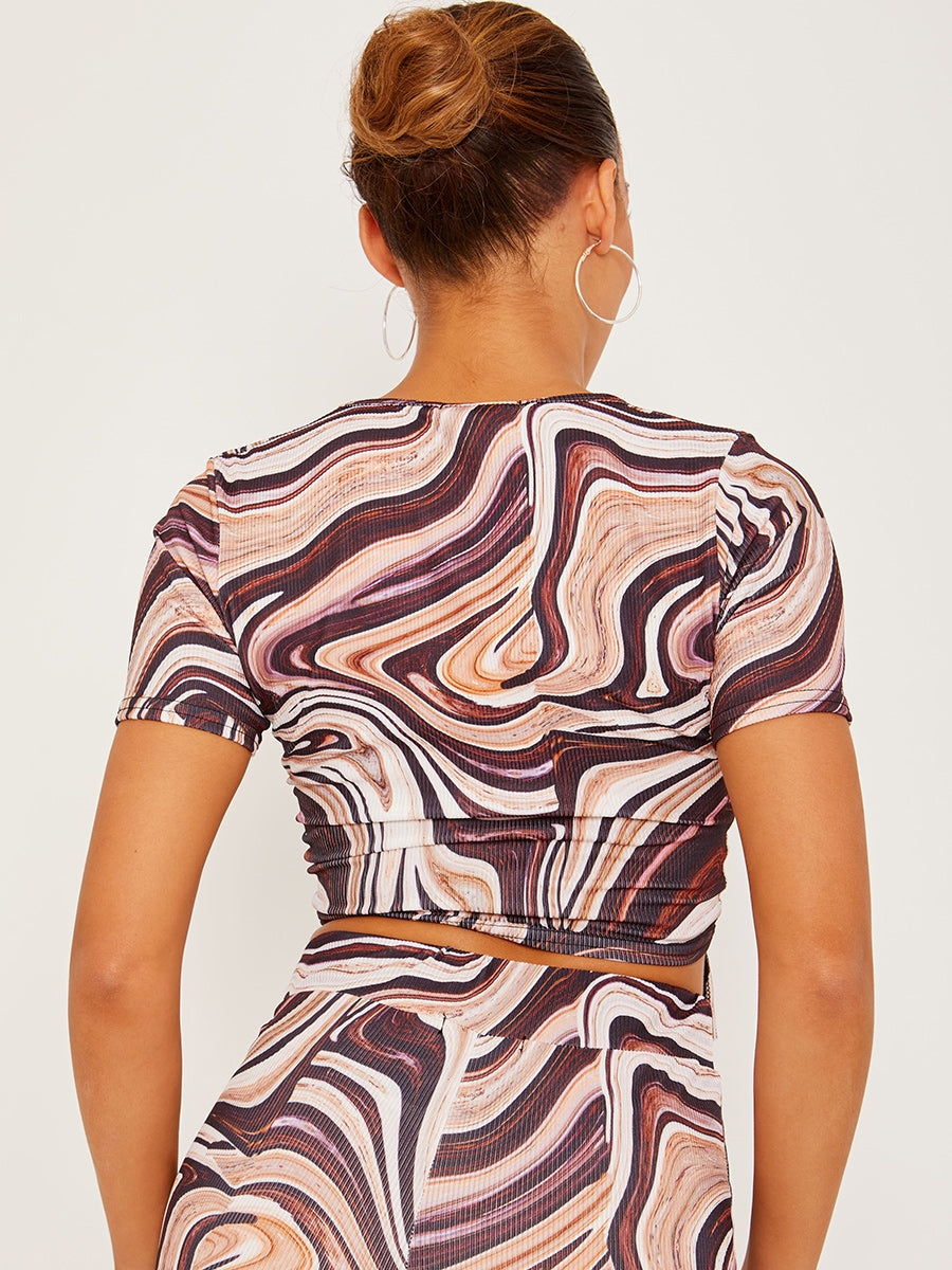 Marble Print Ribbed Ruched Crop Top