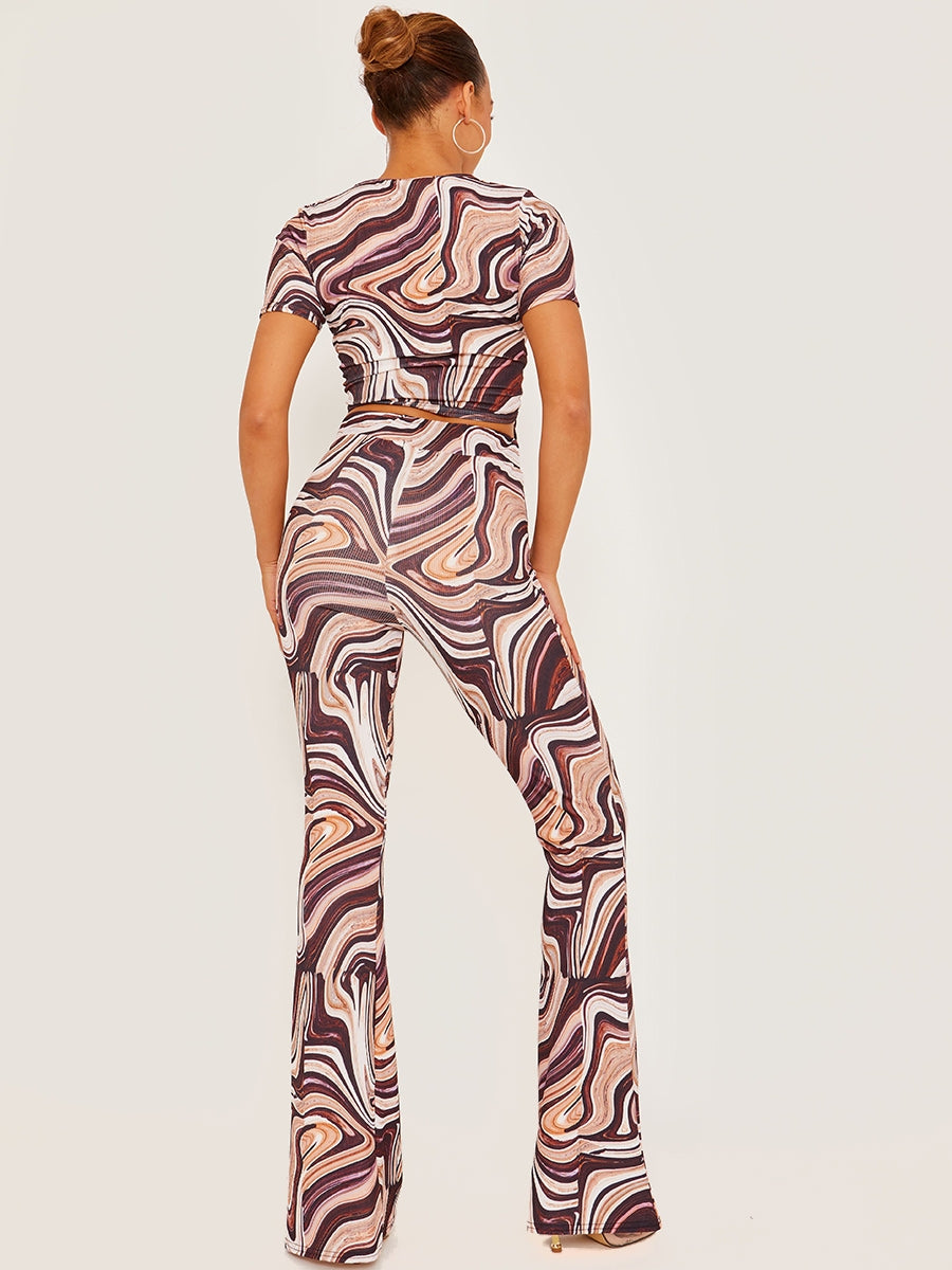 Marble Print Ribbed Flared Trousers