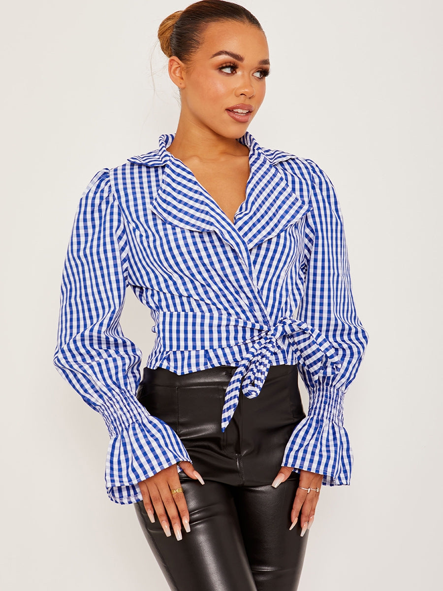 Checked Wrap Front Tie Knot Top