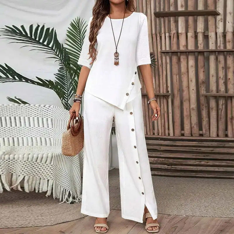 Elegant And Fashionable Casual Button Half-sleeve Shirt Loose Two-piece Set