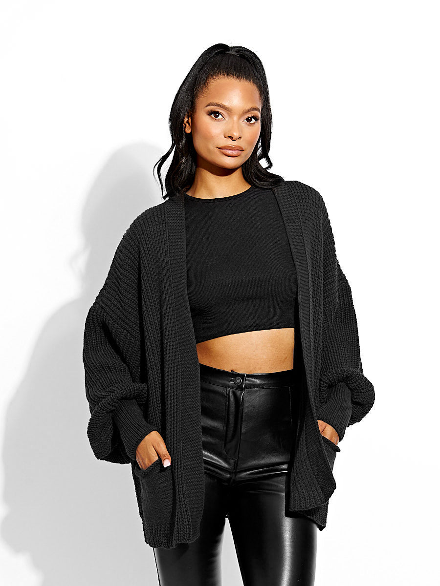 Waist Length Balloon Sleeve Knitted Cardigan