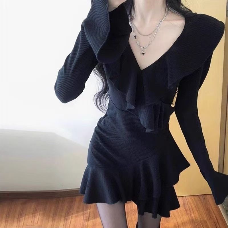 New Arrival Little Black Dress With Ruffled Hem V-neck And Flared Sleevessassy And Chic