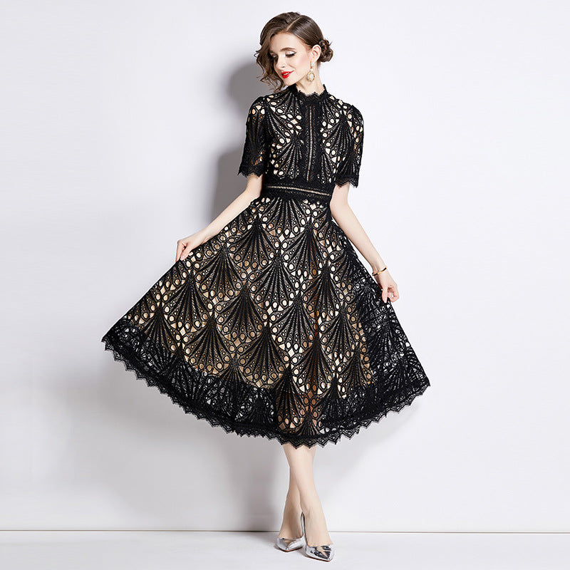 Women's French High-grade Lace Patchwork Round Neck Dress