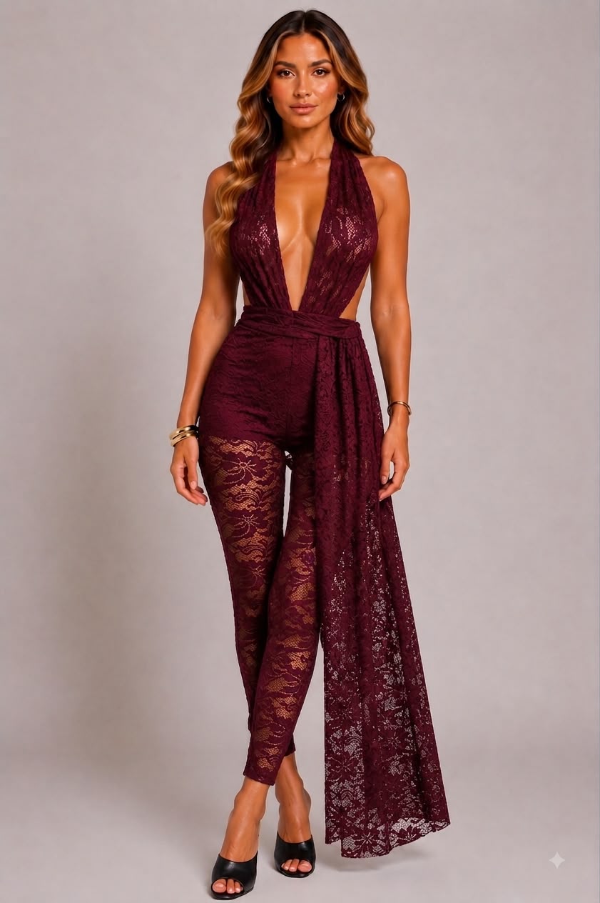 Lace Deep Plunge Halter Neckline Jumpsuit