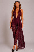 Lace Deep Plunge Halter Neckline Jumpsuit