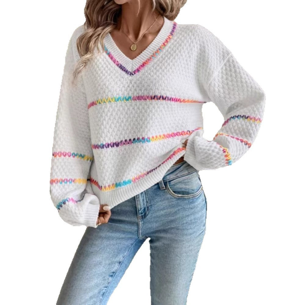 V-collar Contrast Color Women's Long Sleeve Pullover Loose Sweater