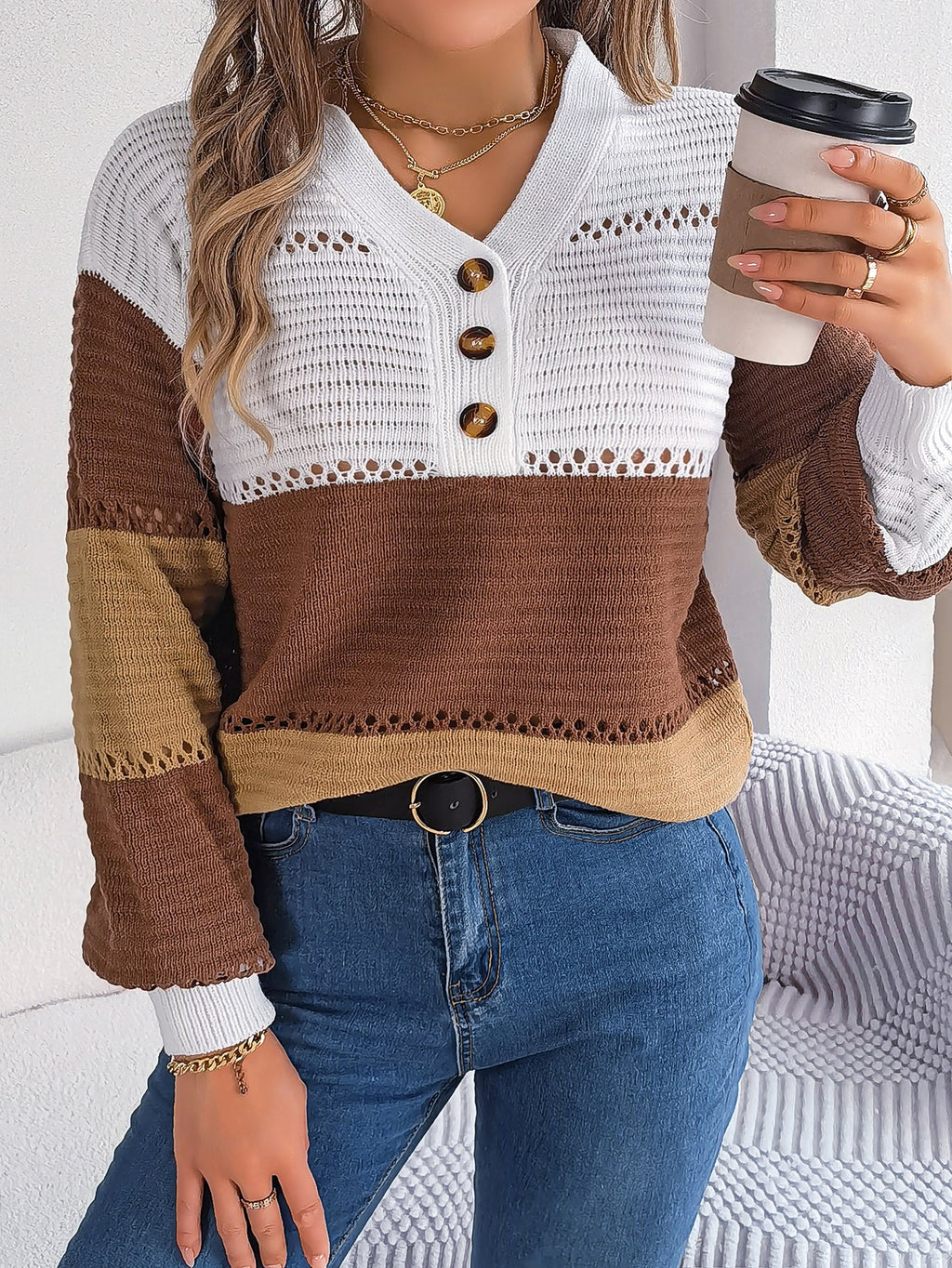 Women Casual Button V-Neck Hollow Out Color Block Lantern Sleeve Pullover Sweater