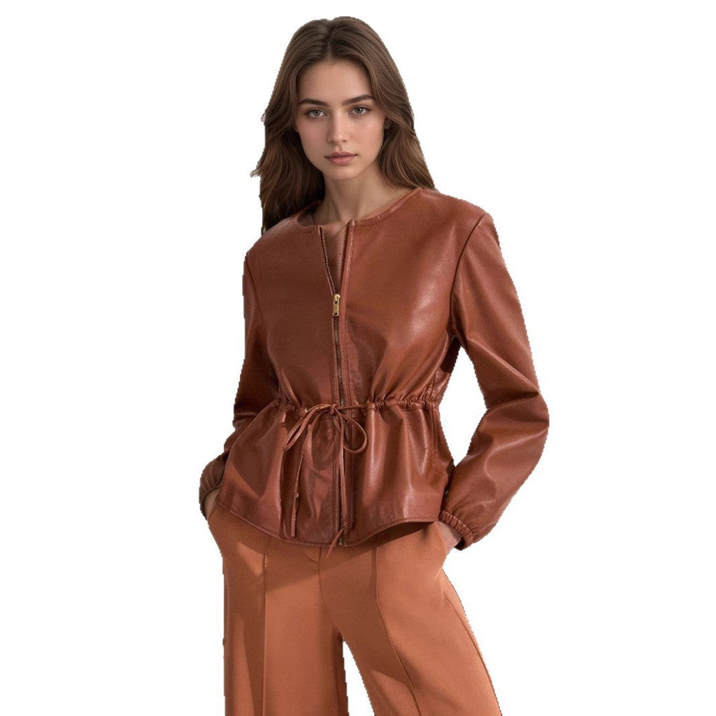 Round Neck Brown Drawstring Short Long Sleeve Leather Coat