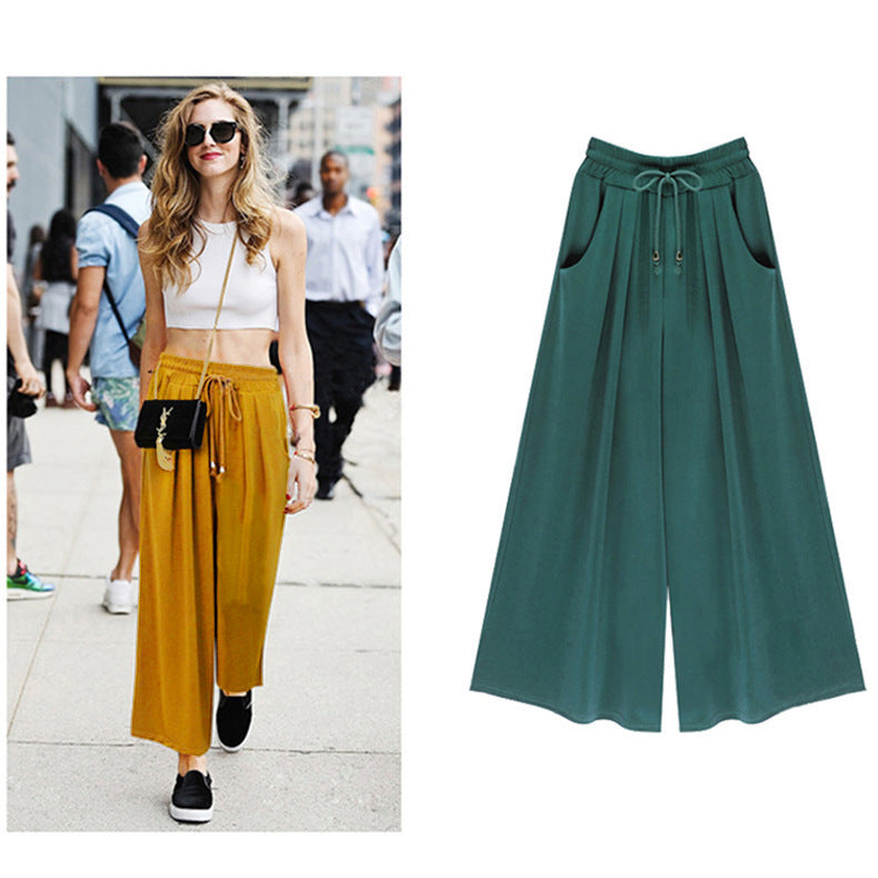 Women's Elastic Waist Tie Rope Wide Leg Pants