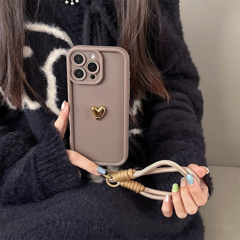 Silicone Phone Case With Lanyard Heart Design And Gold-plated Finish
