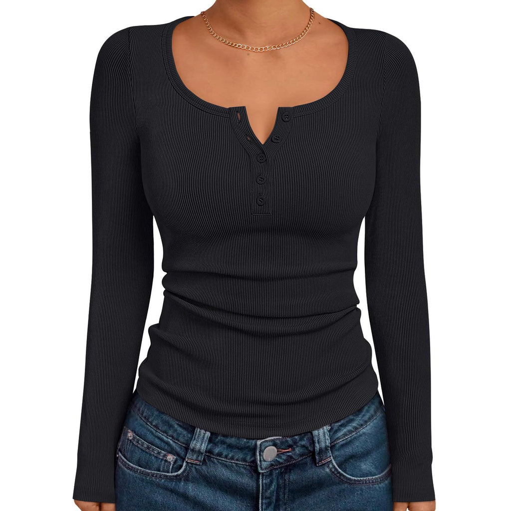 Women's Solid Color Buttons Long-sleeved T-shirt Thread Knitted Top